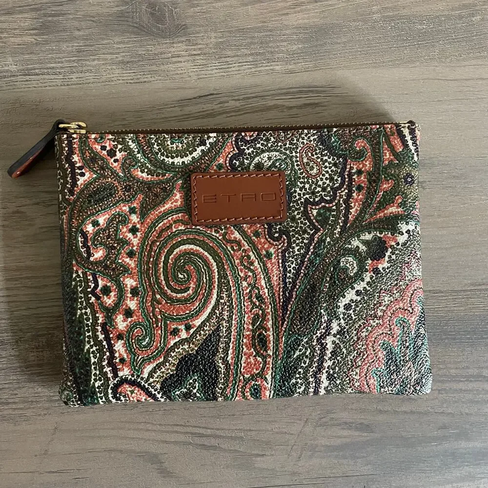 ETRO Paisley Coated Canvas Zip Pouch Clutch Multicolor Leather Trim Italy